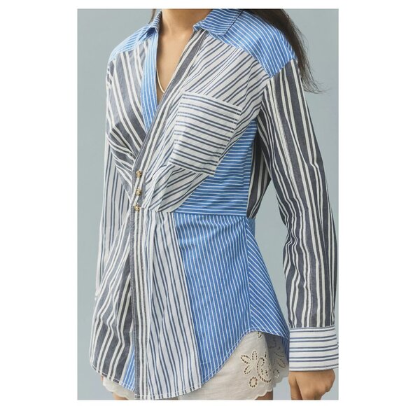 Anthropologie Pilcro Reworked Mixed Stripe Buttondown Shirt Blue Small - Picture 3 of 8